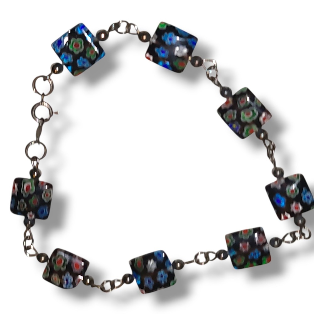 Vintage‎ Sterling Silver 925 Millefiori Glass Bracelet 8"